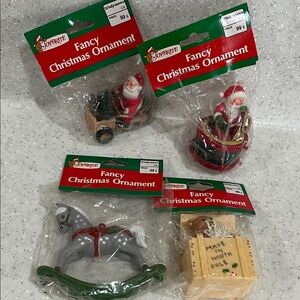 4 Vtg JOYBRITE JOY BRITE Christmas Ornaments NIP Santa~Rocking Horse~Teddy Bear